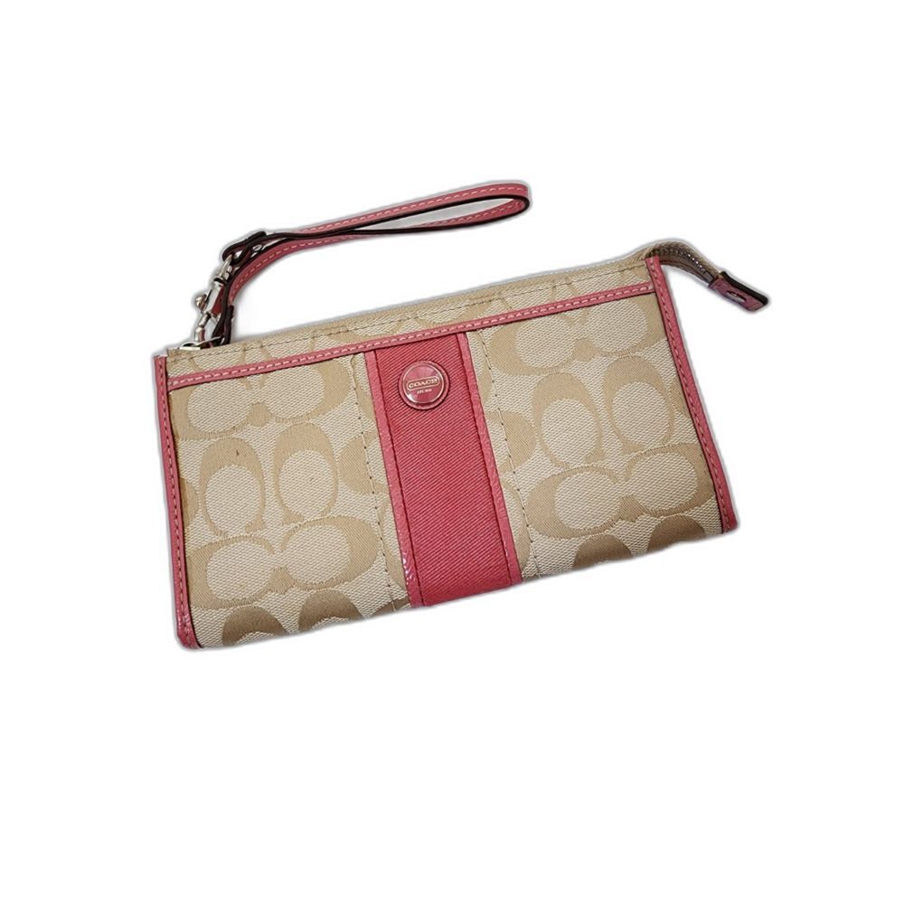 Coach Signature Canvas Stripe Wristlet Wallet – Khaki & Pink - Picture 2 of 12